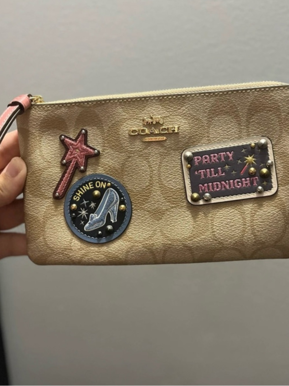 Coach Gold Metallic Wristlet with Party Till Midnight Patch